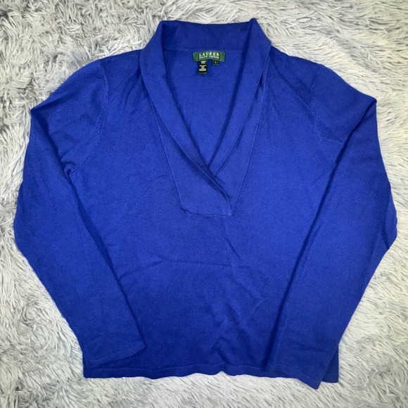 Ralph Lauren LRL Womens Large Royal Blue Cashmere Silk Shawl Collar Knit Sweater - Picture 9 of 10
